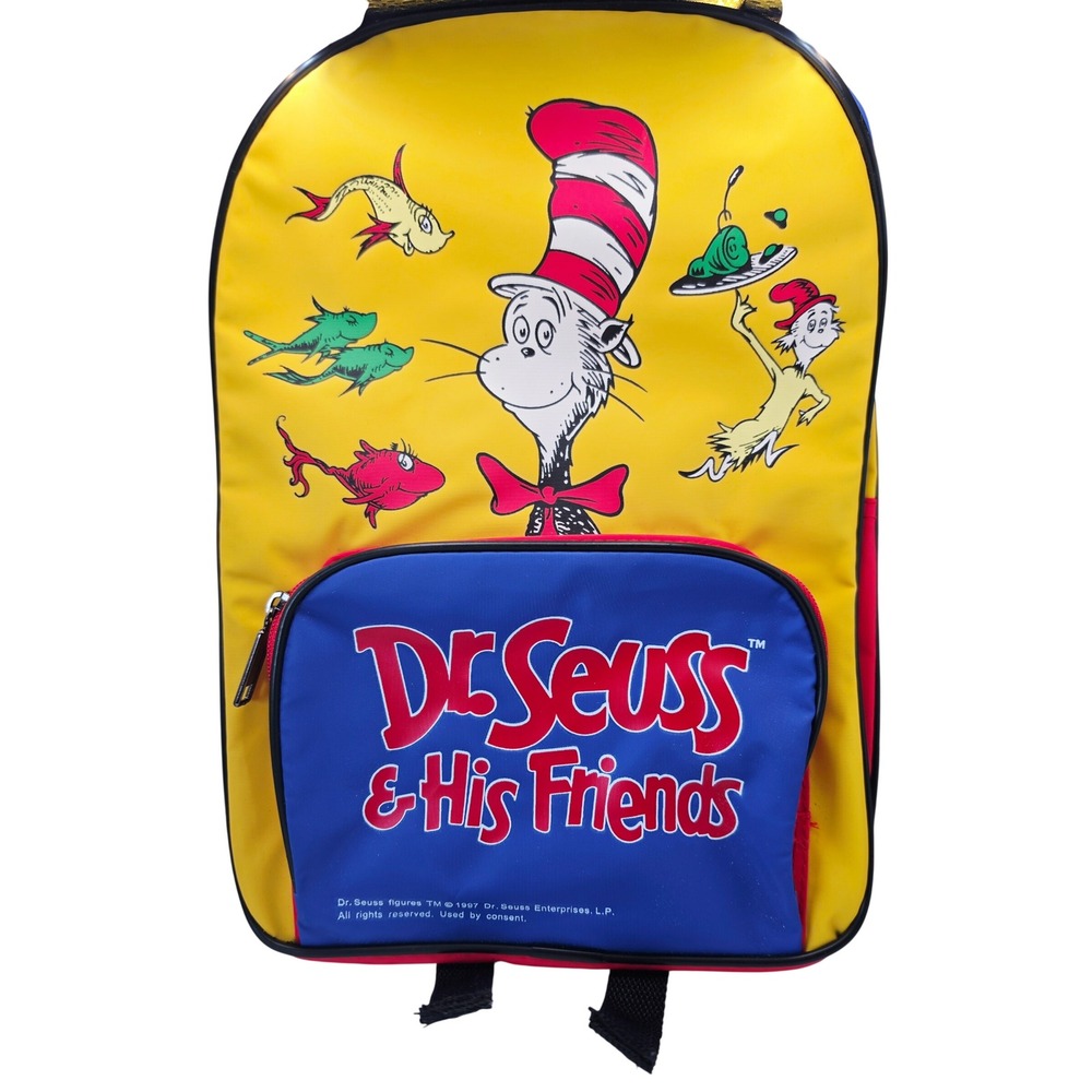 Vintage 1997 Dr Seuss and His Friends Kids Backpack Cat in the Hat Blue Yellow